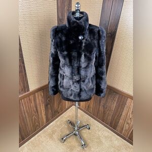BUGATTELI COLLECTION DESIGNER DYED BLACK HORIZONTAL MINK FUR COAT JACKET SIZE 42